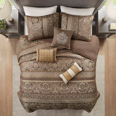 Full Brown Reversible Jacquard Coverlet Set with Shams and Pillows