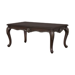 Classic Cherry Wood Coffee Table with Floral Trim and Button-Tufted Details for Traditional Living Spaces - 1 of 4