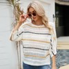 Women's 3/4 Long Sleeve Hollow Out Shirt Summer Casual Striped Knit Top Loose Fit Crew Neck Off Shoulder Blouse - 2 of 4