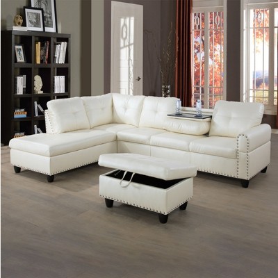 Modern 3-Piece L-Shaped Sofa Set in Black Synthetic Leather