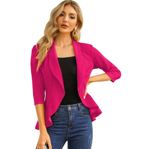Womens Casual Blazer 3 4 Sleeve Open Front Ruffle Work Office Cardigan Suit Jacket Rosy S