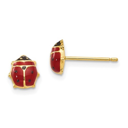 Store Red Enamel Ladybug 18k Solid Yellow Gold Butterfly Backs Stud Earrings for Infants and Toddlers