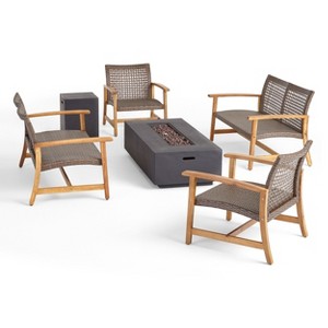 Christopher Knight Home Augusta Outdoor Acacia Wood and Wicker 6 Seater Chat Set with Fire Pit - 1 of 4