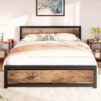 Whizmax Queen Size Bed Frame Platform, Industrial Queen Bedframe with Wooden Headboard No Box Spring Needed, Easy Assemble Noise Free Rustic Brown