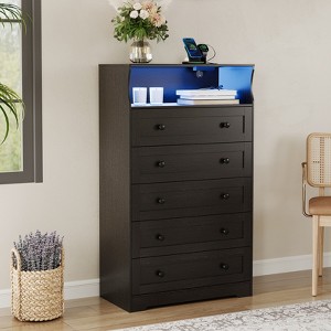 53" Tall 5 Drawer Dresser for Bedroom, Wooden Chest of Drawers with Charging Station, Narrow Nightstand, Living Room Clothing Storage Organizer - 1 of 4