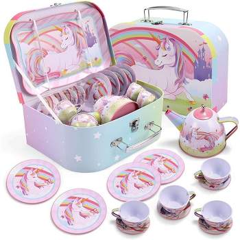 Syncfun Unicorn Castle Pretend Tea Set for Kids Toddlers Age 3 4 5 6, Princess Tea Party Set with Teapot, Cups, Plates and Carrying Case