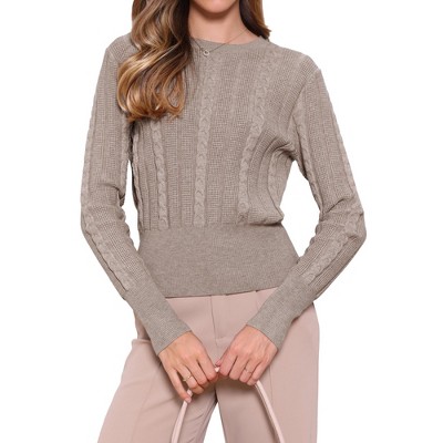 INSPIRE CHIC Women's Cinched Waist Cropped Crew Neck Long Sleeve Cable Knit Sweater