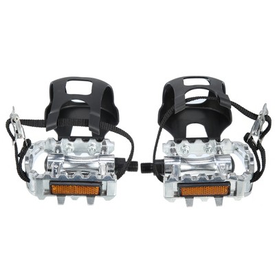 Unique Bargains Bicycle Pedals 1/2'' Spindle Platform with Toe Clips Fixed Foot Strap Cycling Parts Black Silver Tone 1 Pair