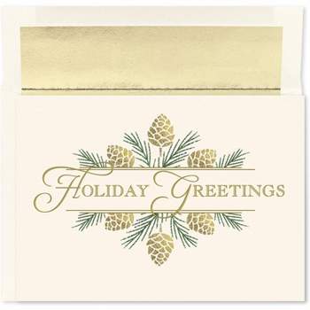 Masterpiece Studios Holiday Collection 16-Count Boxed Embossed Cards with Foil-Lined Envelopes, 7.8" x 5.6", Golden Pinecones (935400)