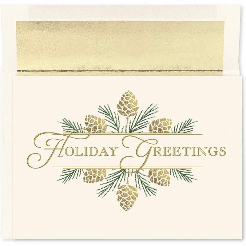 Masterpiece Studios Holiday Collection 16-Count Boxed Embossed Cards with Foil-Lined Envelopes, 7.8" x 5.6", Golden Pinecones (935400), 1 of 3