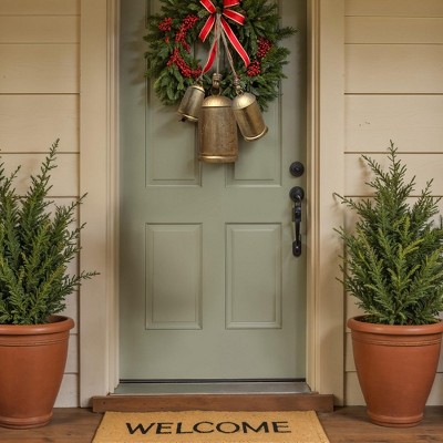 Royal Hampton Decorative Iron Cowbell Set of 3 | Cylindrical | Antique Gold Finish| Jute Hanging Rope | 20, 15, 12 Inches