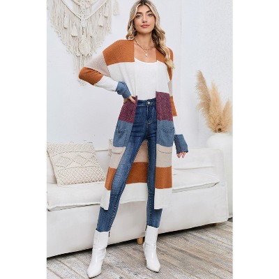 I AM A FASHION JUNKY Multicolor Knitted Color Block Open Front Long Cardigan