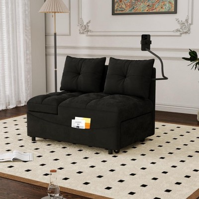 SKRAN versatile foldable sofa bed , modern sofa velvet pull-out bed, loveseat sofa adjustable back and with USB port and swivel phone stand,Black