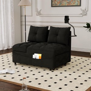 SKRAN versatile foldable sofa bed , modern sofa velvet pull-out bed, loveseat sofa adjustable back and with USB port and swivel phone stand,Black - 1 of 4