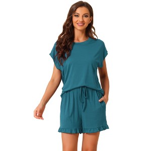 cheibear Women's Summer Soft Short Sleeves Tops with Ruffle Shorts Lounge Pajamas Sets - 1 of 4