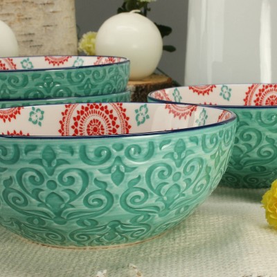 Turquoise and Red Ceramic 24 Ounce Soup and Dessert Bowls, Set of 4