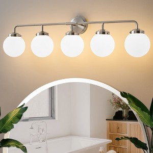 POWLIG 38.98-in 5-Light Nickel Bathroom Light Fixtures Over Mirror Vanity Lighting with Milk White Glass Globe Shades - 1 of 4
