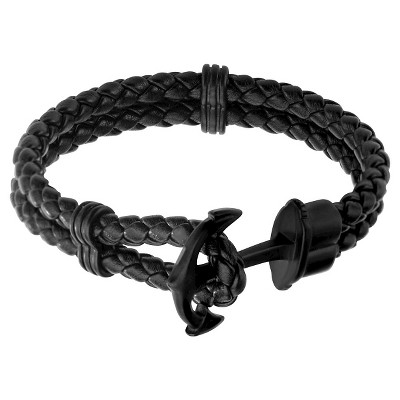 Men's Steel Art Black Braided Leather Bangle Bracelet with Stainless Steel Black IP Anchor Clasp (8.5")