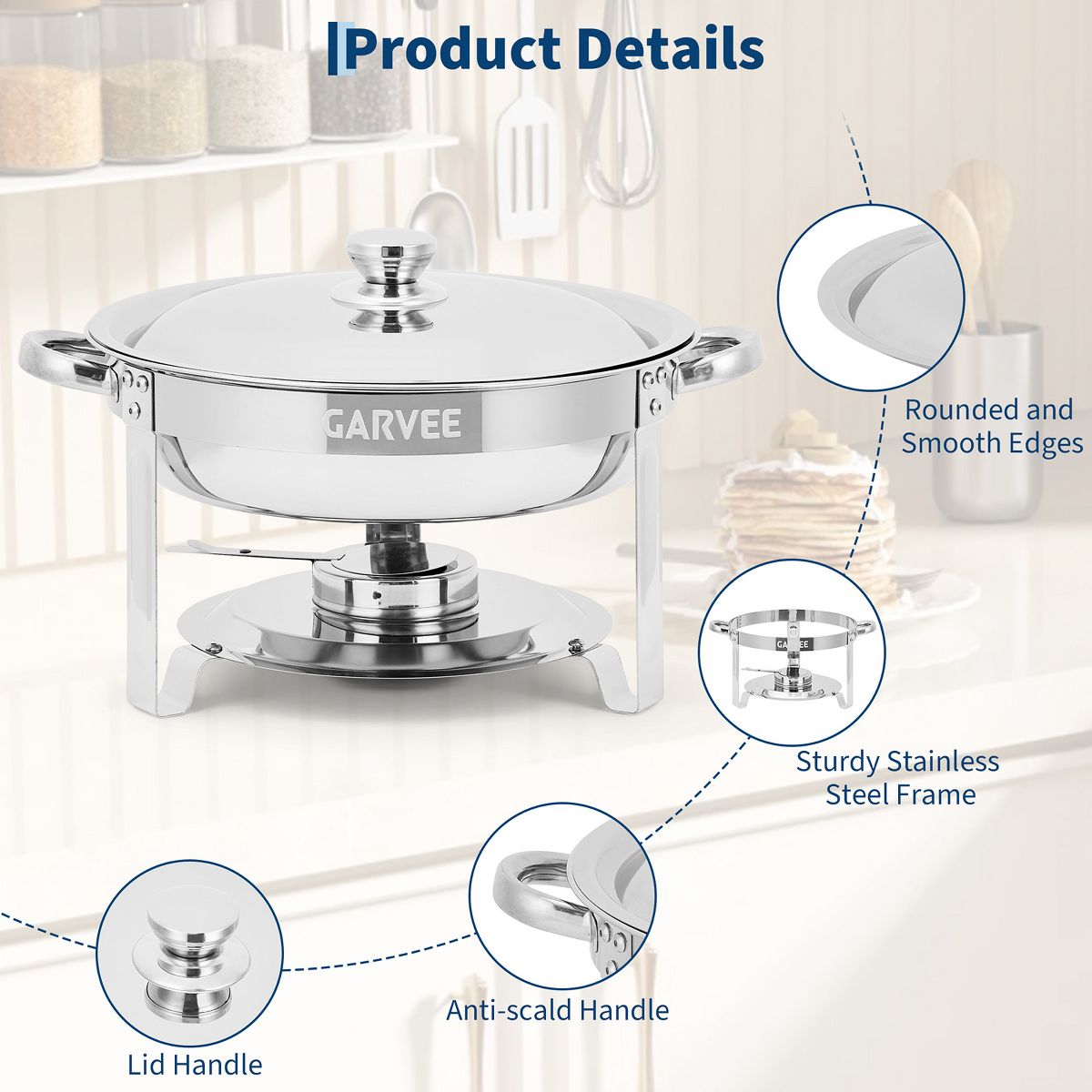 Chafing Dish Buffet Set, 8 Qt Rectangle & 5 Qt Round Stainless Steel Chafers and Food Warmer Sets with Lid, Food & Water Pan and Fuel Holder - thumbnail 5