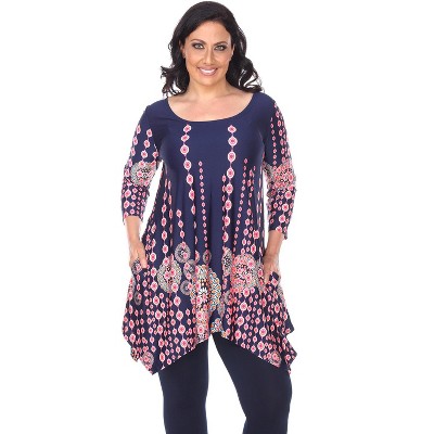 Women's Plus Size 3/4 Sleeve Printed Rella Tunic Top with Pockets - White Mark