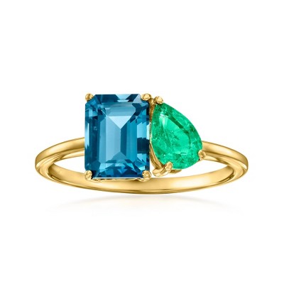 Ross-Simons 2.40 Carat London Blue Topaz and .70 Carat Emerald Toi Et Moi Ring in 14kt Yellow Gold