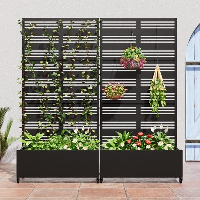 Wooakway Black Metal Planter Box with Trellis Raised Garden Bed with Arbor Privacy Screen with Wheels