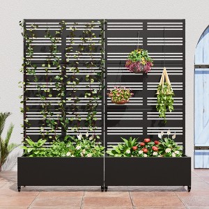 Wooakway Black Metal Planter Box with Trellis Raised Garden Bed with Arbor Privacy Screen with Wheels - 1 of 4