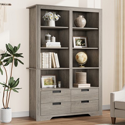 71" Tall Bookshelves with 4 Drawers,6 Tier Large Bookcase, Farmhouse with Storage, Floor Standing Display Storage Shelves