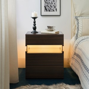 ORRD LED Nightstand with 3 Drawers, Acrylic Board, Walnut Finish - 1 of 4
