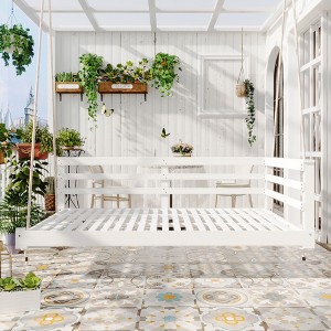 Country Style Wooden Swing Daybed, Twin/Full Size Porch Swing with 4pcs 96-inch Hemp Ropes for Backyard & Garden - ModernLuxe - 1 of 4