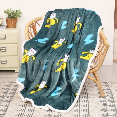 Catalonia Gray Banana Cat Sherpa Fleece Reversible Throw Blanket, 50" x 60"