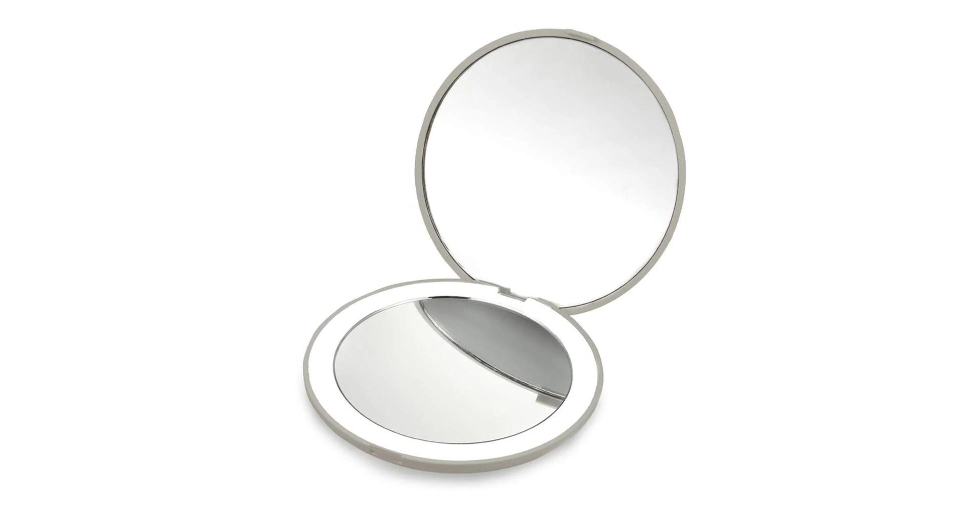 Swtroom 3.5 Inch Handheld 2 Sided LED Lighted Foldable Makeup Mirror with 1x/10x Magnification Compact White Round Mirror