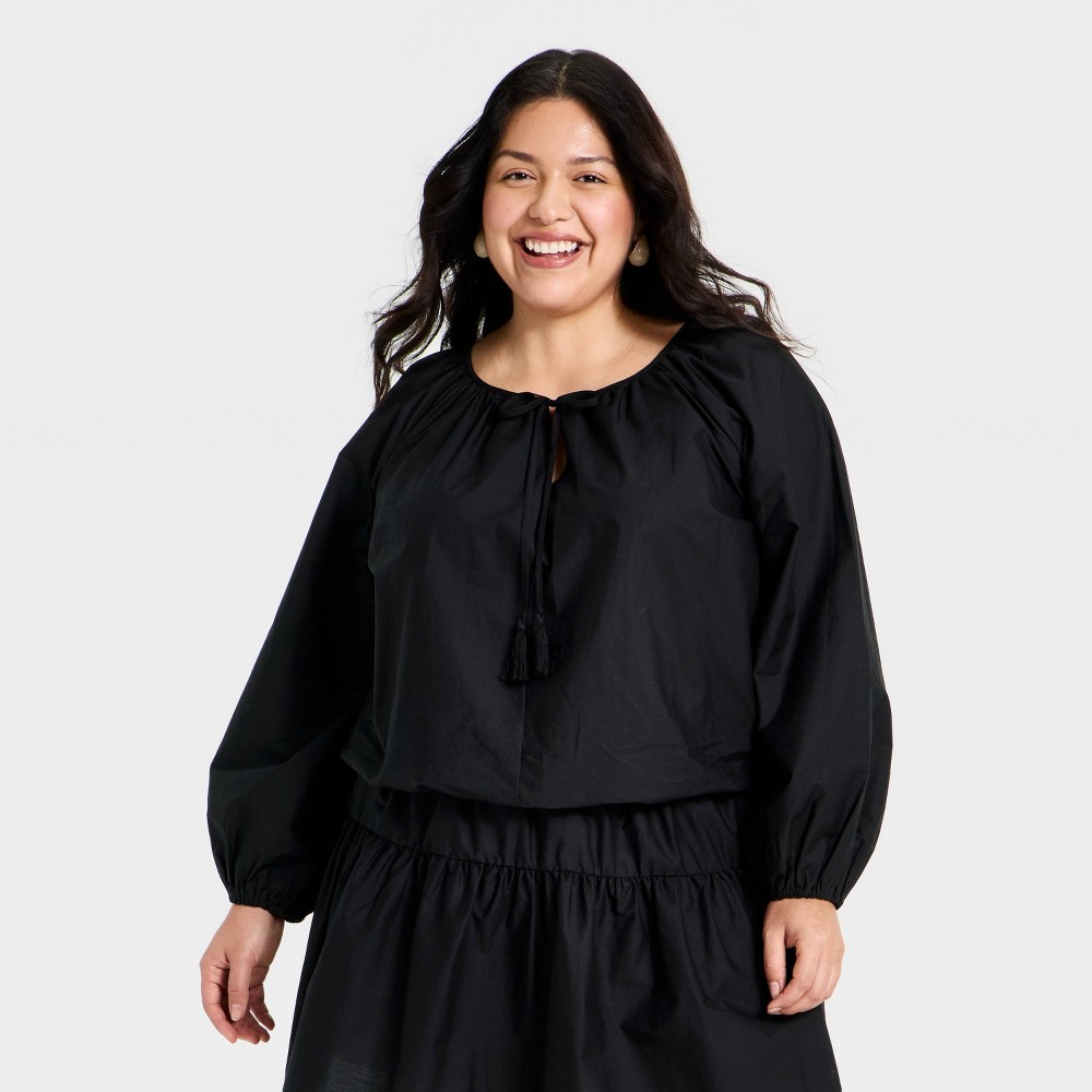 Women's Balloon Sleeve Tie-Front Top - A New Day™ Black XXL