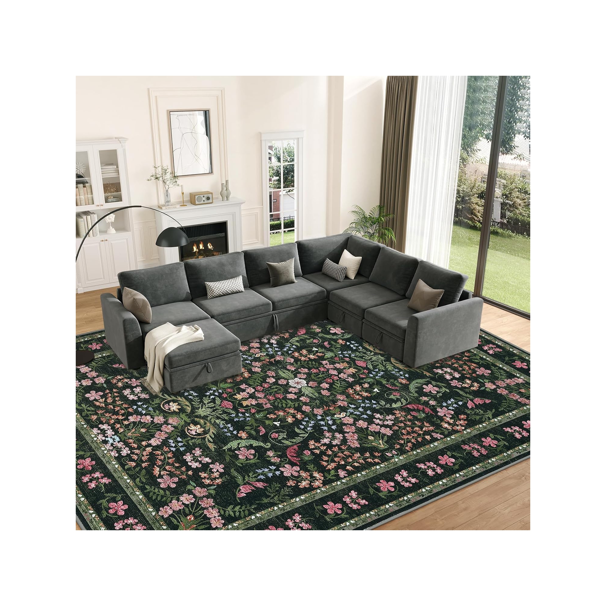 10*13ft Washable Area Rug, Boho Floral Soft Rugs for Living Room, Non Slip Low Pile Carpet for Bedroom, Dining Room, Nursery, Hallway Dark Green