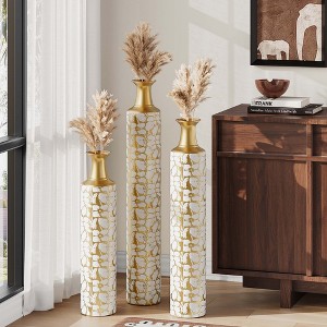 Angel Sar Metal Floor Vase, Tall Floor Vase with Gold Twig Pattern, Antique White Finish (Set of 3) - 1 of 4