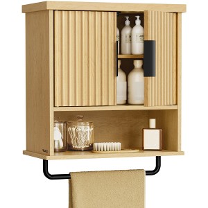 Wall Mounted Bathroom Cabinet - Over Toilet Storage with Fluted Doors, Towel Bar, Adjustable Shelf, 17.7" Wide, Oak Beige - 1 of 4