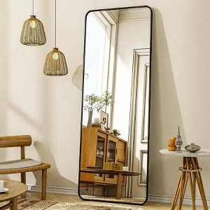 56 inchx 21 inch floor full length mirror standing full body rounded corner rectangle mirrors with stand black bedroom living room - 1 of 4