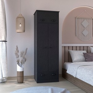 Dresser-closet with upper storage covered with 1 door, 2 central shelves, 1 tube for hanging clothes covered by 2 doors, 1 drawer at the bottom, Black - 1 of 4