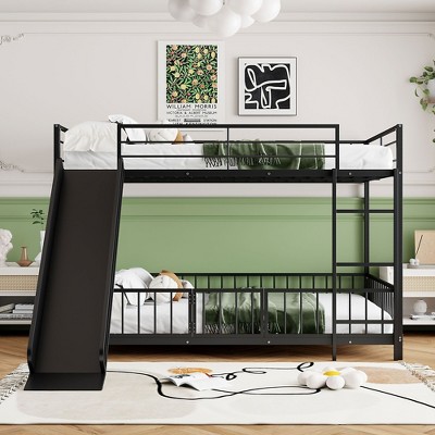 NicBex Twin Over Twin/Full Over Full Metal Bunk Bed with Ladder and Guardrail,Loft Bed with Convenient Gate for Bedroom,Black/White
