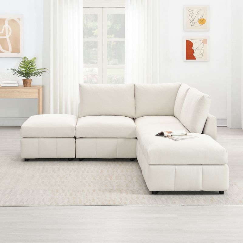 93"W 5-Seater Down Filled Upholstered Sectional Sofa Set with Convertible Ottomans, White/ Dark Grey, 4A -ModernLuxe, 2 of 17
