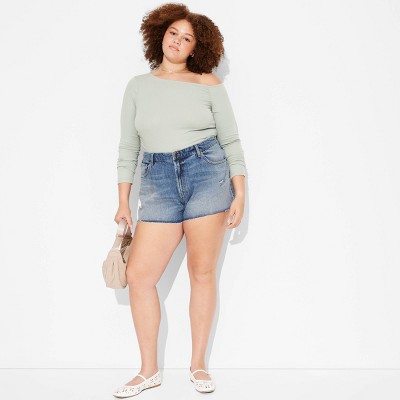 Women's Mid-Rise Curvy Cut-Off Denim Shorts - Wild Fable™