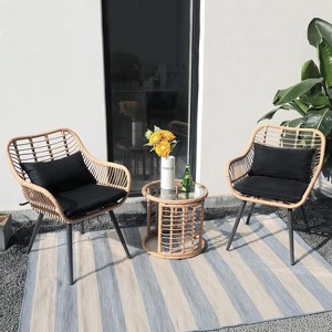SUGOLD 3-Piece Patio Bistro Set, Wicker Outdoor Furniture with Cushioned Chairs & Round Glass Coffee Table - 1 of 1