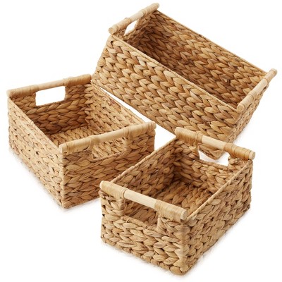 Set of 3 Natural Water Hyacinth Rectangular Storage Baskets with Wooden Handles