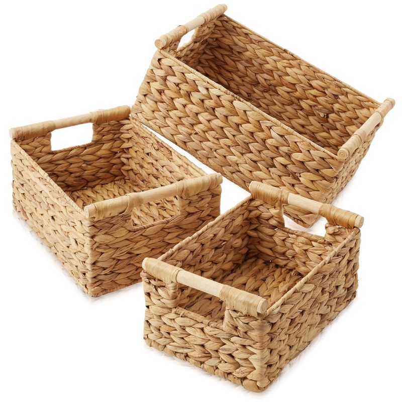 Casafield (Set of 3) Water Hyacinth Rectangular Storage Baskets with Wooden Handles - Small, Medium, Large Woven Nesting Baskets, 2 of 7