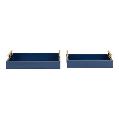 Navy Blue and Gold Rectangular Wood Tray Set with Metal Handles