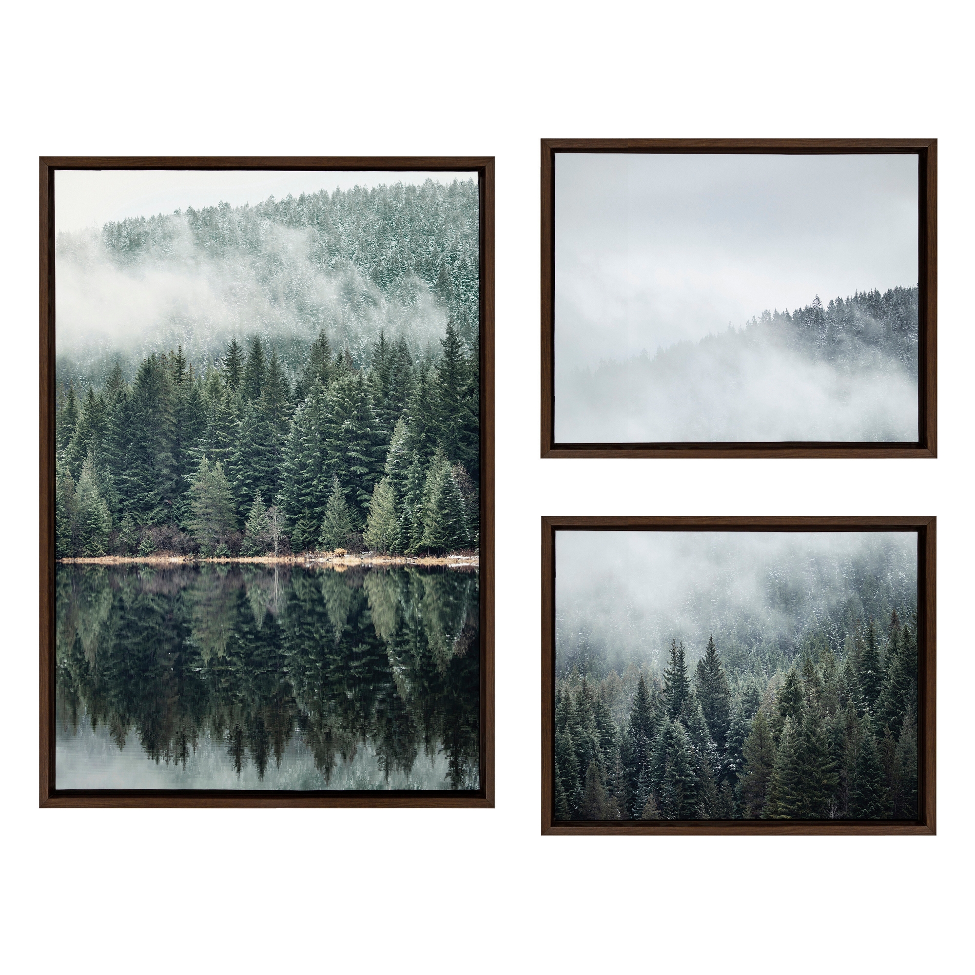 (Set of 3) Sylvie Evergreen Reflections in Fog Canvas Art Set by F2 Images Brown - Kate & Laurel All Things Decor: Modern Vertical Wall Canvases