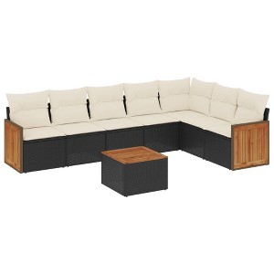 vidaXL 8 Piece Patio Sofa Set with Cushions Black Poly Rattan - Black and cream With table - 1 of 4