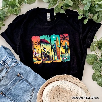 Frankenstein's Beach Vacation T-Shirt, Retro Neon Surf Style Tee for Horror Fans with Summer Vibes| OrnamentallyYou