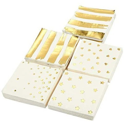 Blue Panda 100 Pack Gold Disposable Paper Napkins 5 Assorted Designs Baby Shower Party Supplies, 5x5"