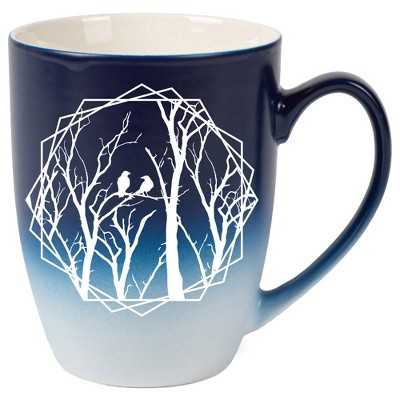 Elanze Designs Birds and Branches Two Toned Ombre Matte Navy Blue and White 12 ounce Ceramic Stoneware Coffee Cup Mug